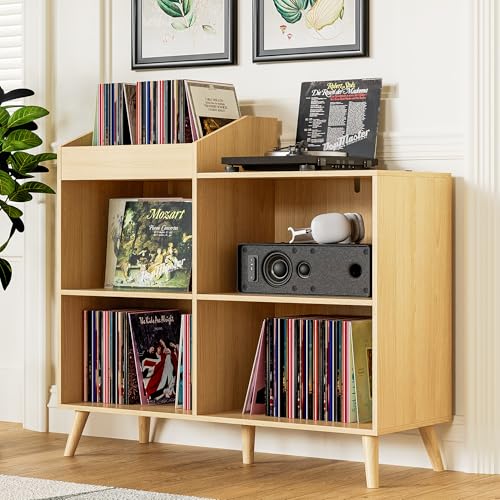 DIYART Large Record Player Stand with Power Outlet, Vinyl Record Storage Table Holds Up to 400 Albums, Mid-Century Turntable Stand for Living Room, Bedroom, Oak