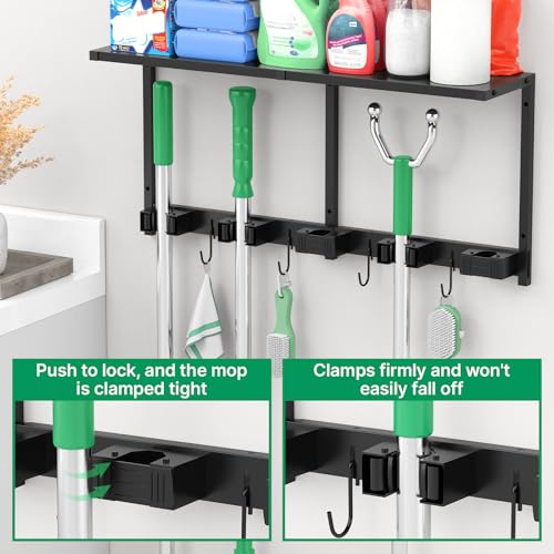 CCCEI-Broom-and-Mop-Wall-Mount-with-Shelf-Laundry-Room-Cleaning-Tools-Organization-Hanging-Rack-with-Hooks-Bathroom-Garage-Garden-Organizers-and-Storage-All-Metal-Black-1-Pack