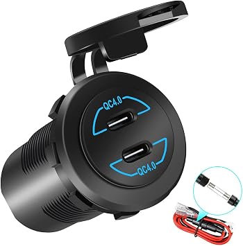 12V PD Type C Outlet, HOKAAER Quick Charge 4.0 Dual PD Power Outlet, Waterproof 12V/24V 120W Type C Car Charger Socket with Dual Ports for Car Marine Boat Bus Golf Cart Motorcycle RV Truck