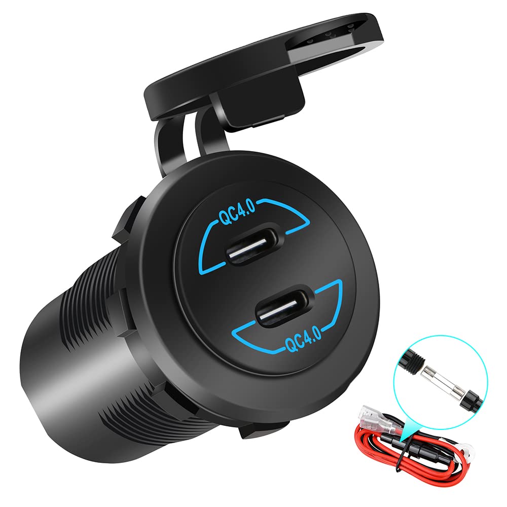 12V PD Type C Outlet, HOKAAER Quick Charge 4.0 Dual PD Power Outlet, Waterproof 12V/24V 120W Type C Car Charger Socket with Dual Ports for Car Marine Boat Bus Golf Cart Motorcycle RV Truck