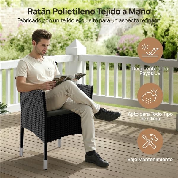 Yaheetech Set de 2 Sillones en Ratán y Acero, Muebles Jardín Exterior Resistentes a la Intemperie, Sillón para Conjunto Jardín Exterior, Cojines con Fundas Intercambiables (2, Negro/Gris)