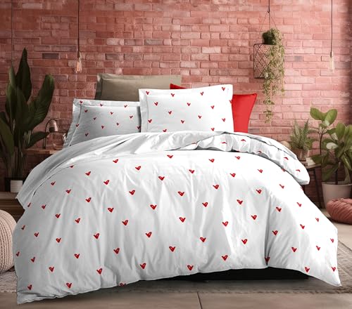 COTON PUR Parure de draps 4 Pièces Microfibre Louna pour lit 160 x 200 Grande Largeur (Love Rouge)