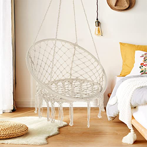 Image of Garpans Hammock Chair Macrame Swing Set of 2 Bohemian Style Hammock Swing Chair with Tassels Hanging Swing Chair Handmade Knitted Cotton Rope for Indoor Outdoor Bedroom Patio Max 330 Lbs Beige