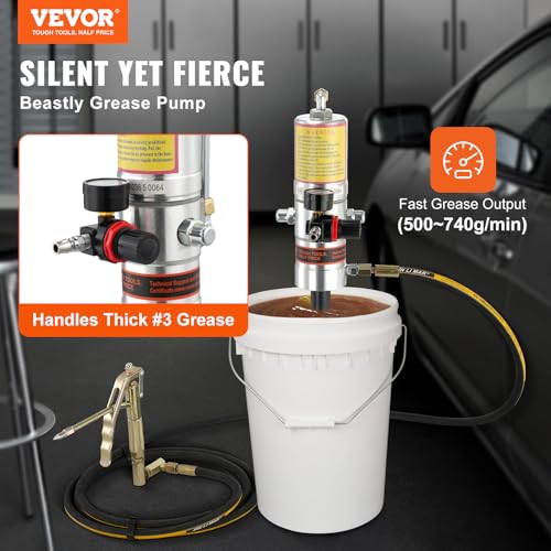 VEVOR Fettpumpe Luftbetriebene Fettpumpe mit 50:1 Druckverhältnis, 3,96 m Hochdruckschlauch und Fettpresse, Pneumatische Fettpumpe, Tragbare Schmierfettpumpe mit um 360° Schwenkbarem Fettpressenkopf