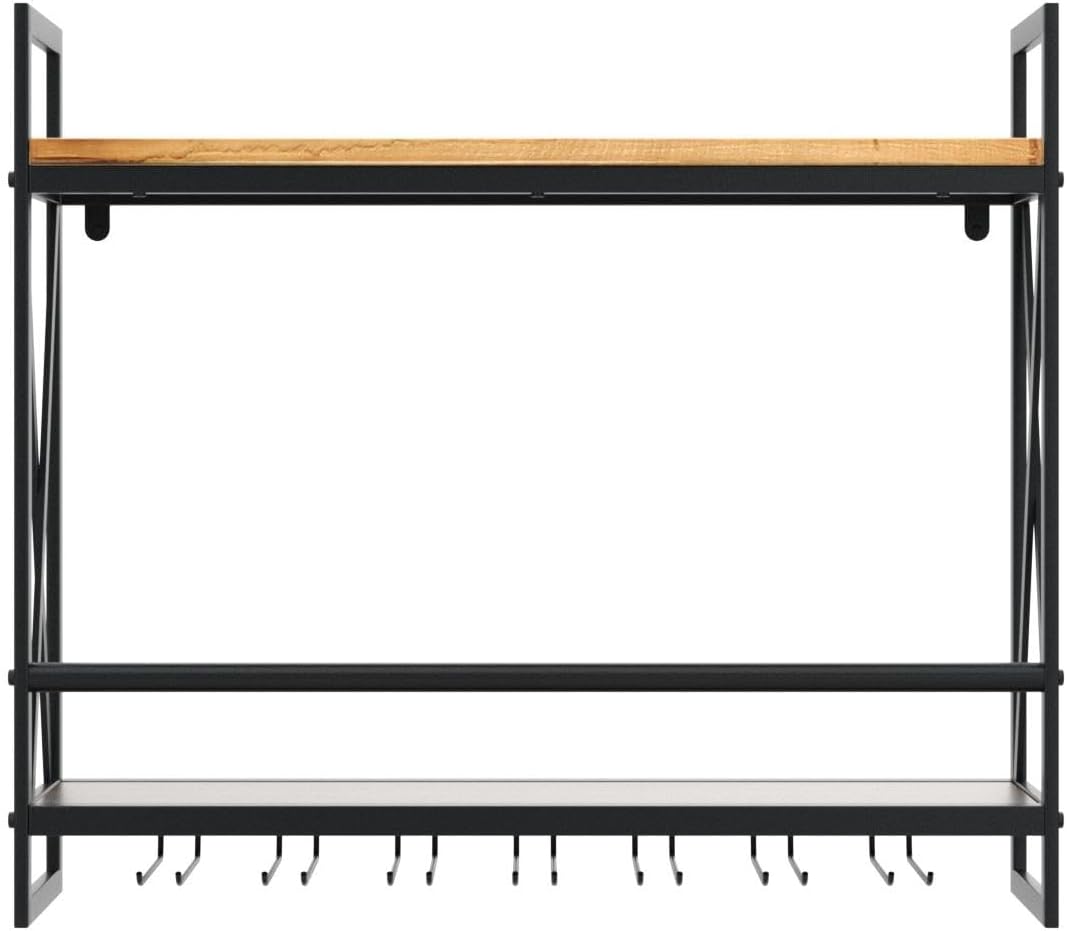 MBQQ Rustic Wall Mounted Wine Racks with 6 Stem Glass Holder,23.6in Industrial Metal Hanging Wine Rack,2-Tiers Wood Shelf Floating Shelves,Home Room Living Room Kitchen Decor Display Rack