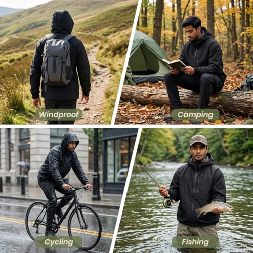 Image of Venzina Jacket for Men Winter with Hood Windproof Outdoor Shell | Features Lightweight Breathable Polyester Fabric for Hiking Cycling Travel and Daily Wear