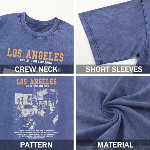 Image of Oversized Boys Graphic Tees Acid Wash Los Angeles Tshirt Youth Cotton T Shirt Crewneck Tee Kids Short Sleeve Tops