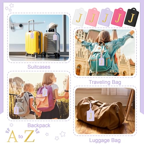 Image of Personalized Initial Luggage Tags for Suitcases, Cute PU Leather Embroidered Letter Travel Luggage Tags, Suitcase Identifier Name Baggage Tag, Bag Tags for Men Women Kids Luggage Handbags(Purple J)