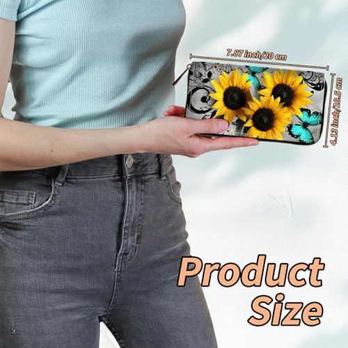 Women's RFID Blocking Wallet PU Leather Slim Bifold Wristlet Clutch with Large Capacity,16 Card Slots & Zipper Coin Purse Pocket Ladies Travel Purse Wristlet,Sunflowers Blue Butterflies2