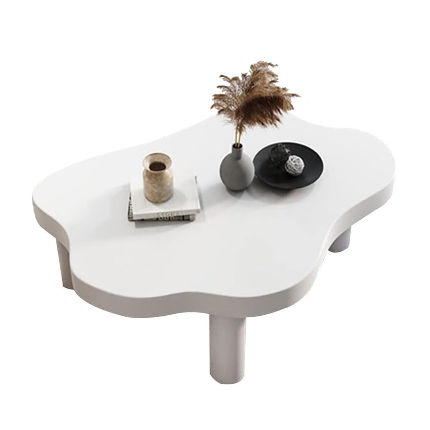 SXZenSpace Solid Wood Coffee Table, Cloud Shaped Irregular Table with 3 Legs, Modern Round Thickened Side for Living Room,White-120x80x40cm