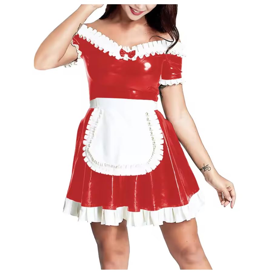YGZHANYUANOKU Slash - Vestido ajustado con cuello en V para mujer, con volantes, delantal, dobladillos fruncidos, línea A, plisado, mini vestido de cosplay personalizable, rosso, M