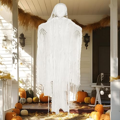 Image of JOYIN 63 inch Halloween Hanging Ghost Decorations Outdoor, White Faceless Grim Reaper in White Horror Robe for Halloween Tree Yard Party Outside Hanging Decorations Party Supplies