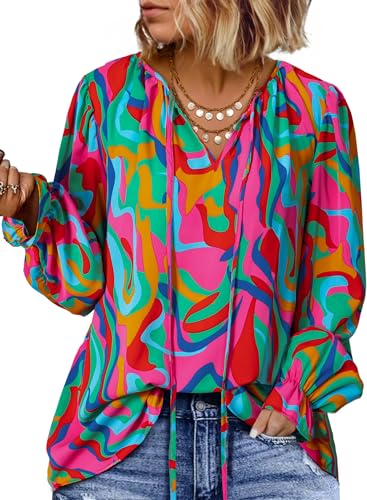 Eytino Plus Size Tops for Women Boho Floral Print V Neck Long Sleeve Drawstring Chiffon Blouses Shirts(1X-5X)