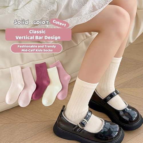 Kids Socks Mid-Calf Ribbed Cuffs Crew Socks Solid Multi Colored Casual Soft Socks for Kids 5 Pairs2