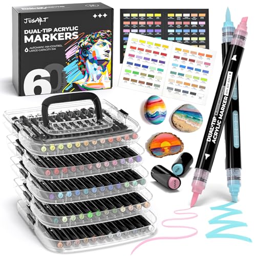 Image of JusArt 60 Colors Automatic Ink Control Acrylic Paint Markers,Dual Tip with Broad Tip and Brush Tip Pens for Ceramic, Wood, Canvas, Glass, Stone, Fabric, DIY Crafts Art Supplies Kit for Adult