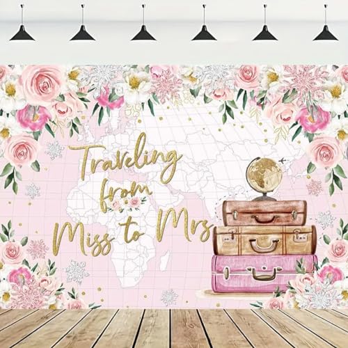 Traveling from Miss to Mrs Photography Background Pink Flowers World Map Engagement Wedding Bridal Shower Party Decoration Backdrop Bride to Be Engagement Party Backdrop (7X5FT)