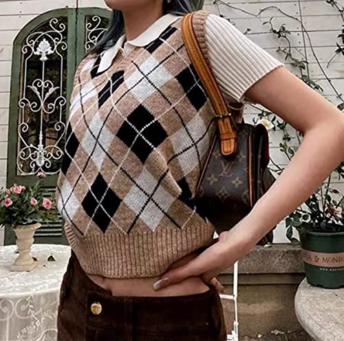 Image of Women's Sweater Vest,Y2K Sleeveless Pattern Preppy Style Knitted Crop Tank Top for Girl
