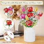 Rose Tulips Flowers Building Blocks Bouquet Set, Red Rose Artificial Flowers for Office or Home Decoration, Valentine's Day, Mother's Day, for Women, Adults, Kids, Girls, No Vase