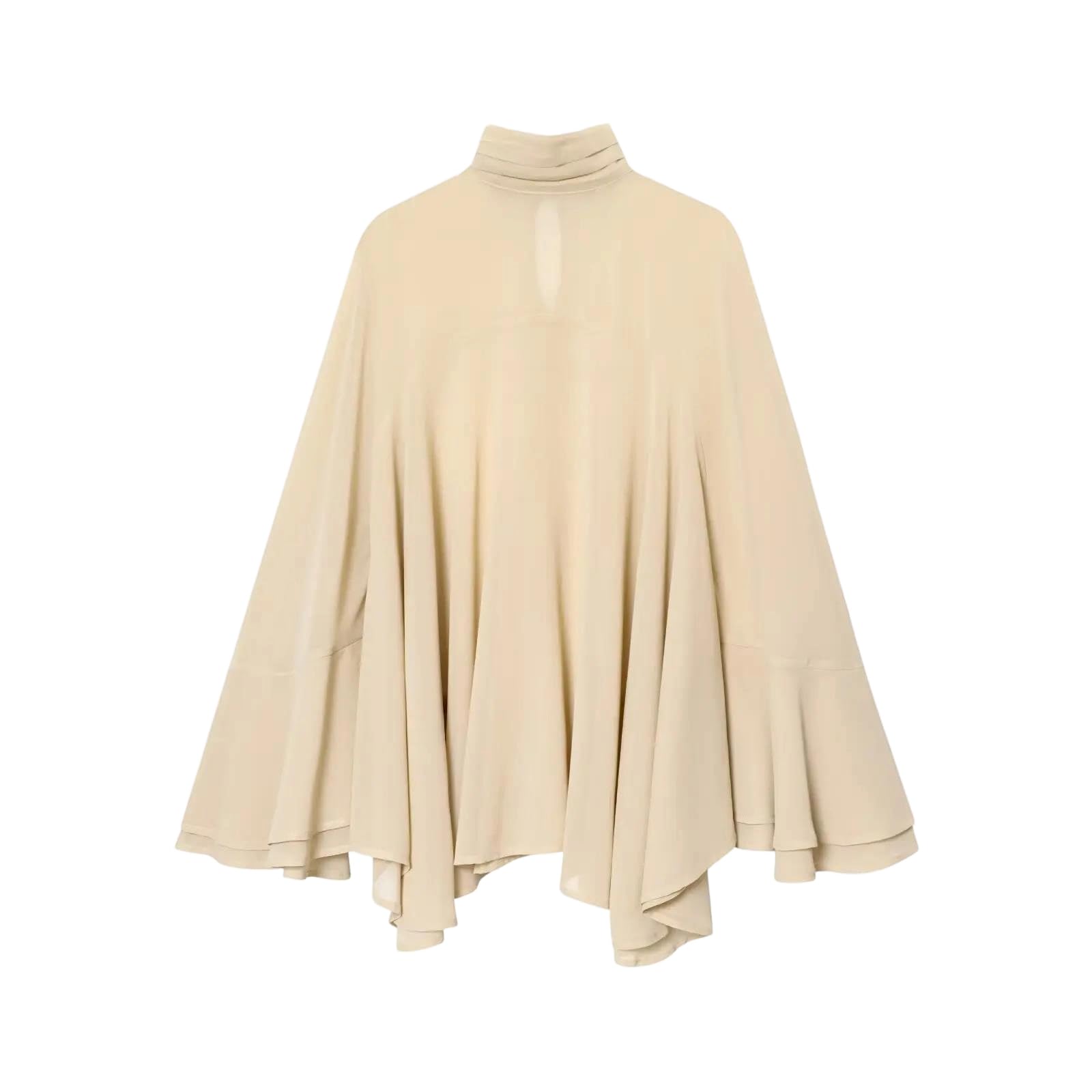 Genérico Camisa asimétrica para Mujer, Plisada, con Cuello Alto, Holgada, de Manga Larga, Estilo murciélago, Elegante, Informal, Color Beige Mediano.