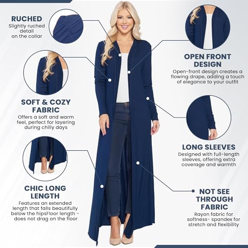 Image of Isaac Liev Women's Maxi Cardigan - Casual Long Flowy Open Front Floor Length Drape Lightweight Duster Sweater Made in USA Navy