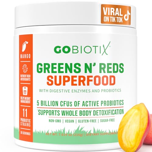 GOBIOTIX Greens Powder - Superfood with Greens and Reds - Probiotic Supplement - Digestive Enzymes and Beet Root Powder - Organic Whole Foods Dietary Supplement (Mango, 1 Pack)