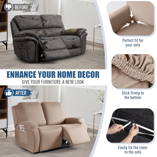 Image of TAOCOCO Recliner Loveseat Slipcover, 2 Pieces Polyester Fabric Stretch Sofa Covers for 2 Seat Reclining Couch, Soft Washable Furniture Protector with Pockets (2 Seat, Khaki)