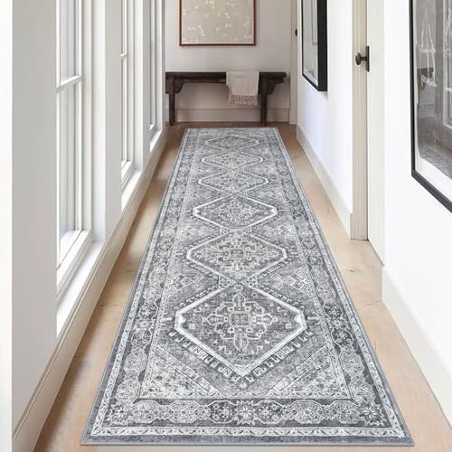 KUTA 3x10 Grey Oriental Area Rug for Living Room, Vintage Washable Kitchen Rugs Non Slip, Ultra Soft Printed Distressed Traditional Medallion Entry Low-Pile Throw Carpet for Bedroom