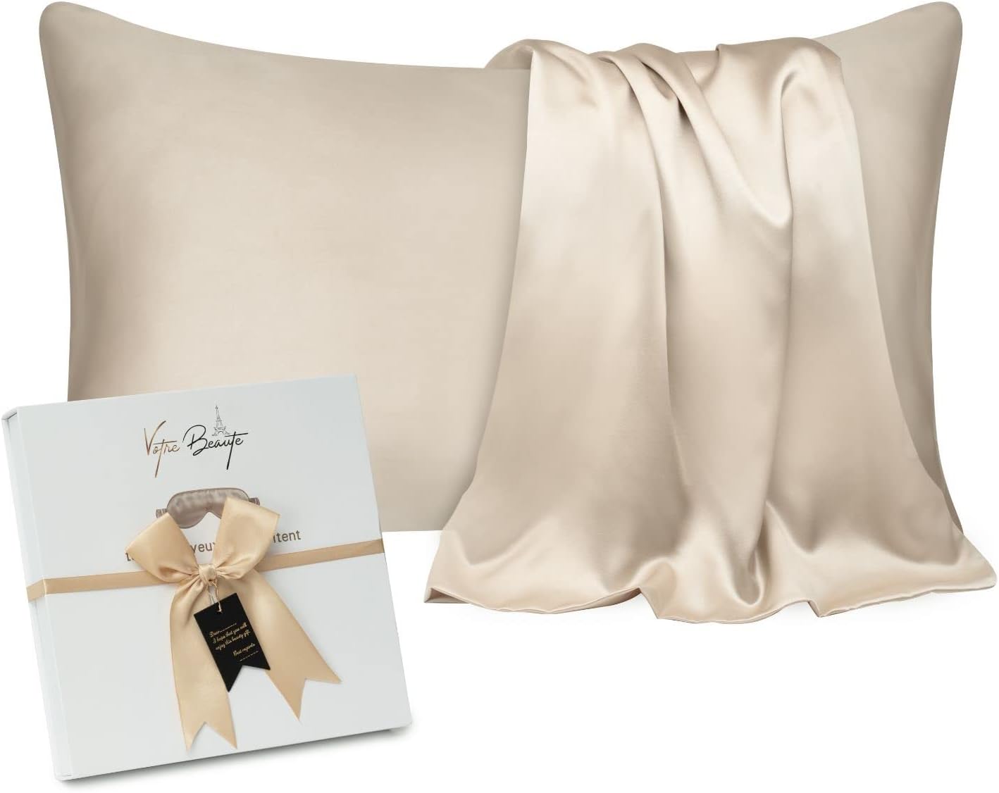 Pure silk pillowcase Soft and Breathable Includes (Silk Headbands, Silk Eye Mask, Hair Scrunchies) (Light Gold)