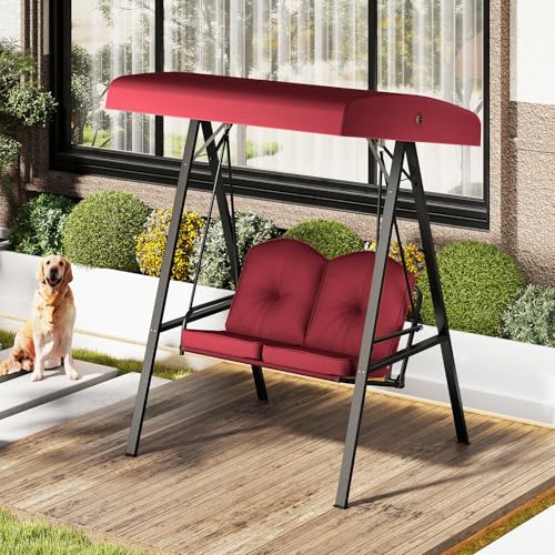 Image of HAPPYGRILL 2-Person Porch Swing, Outdoor Loveseat Swing with Adjustable Canopy & Heavy-Duty Metal Frame, Cushioned Swing with Stand for Porch, Backyard, Garden (Wine)