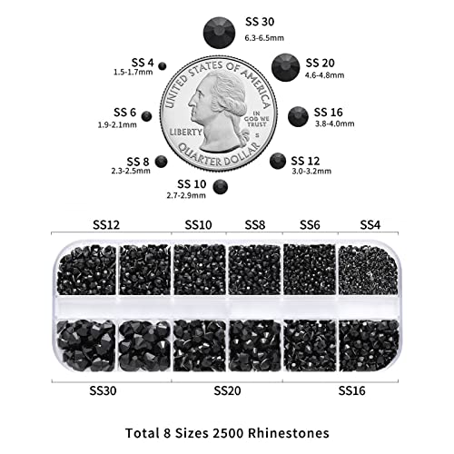 Image of Beadsland Rhinestones for Makeup,8 Sizes 2500pcs Black Flatback Rhinestones Face Gems for Nails Crafts with Tweezers and Wax Pencil,Black,SS4-SS30