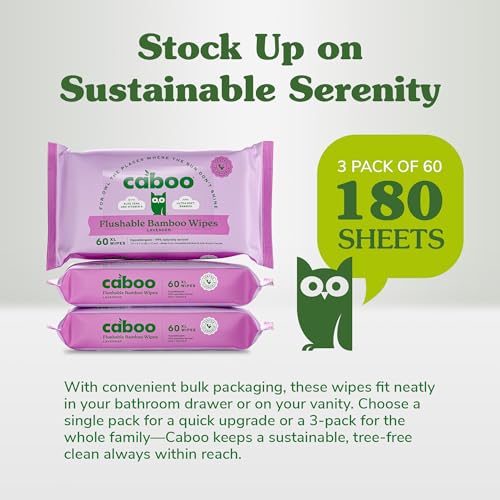 Image of Caboo Lavender Flushable Wipes | Certified Flushable, Septic Safe, Chemical Free, Biodegradable Wipes for Adults made with Renewable Bamboo Based Viscose (Pack of 3, Total of 180)