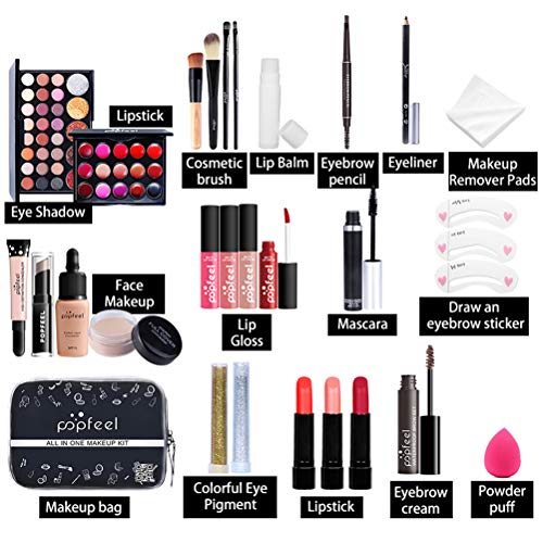 Qhome Alles-in-één make-upset, 27 stuks, professionele make-up-set, draagbare reiscosmetica-set voor meisjes en vrouwen, oogschaduw-markeerstift, lippenstift, rougepenseel, enz - Image 3