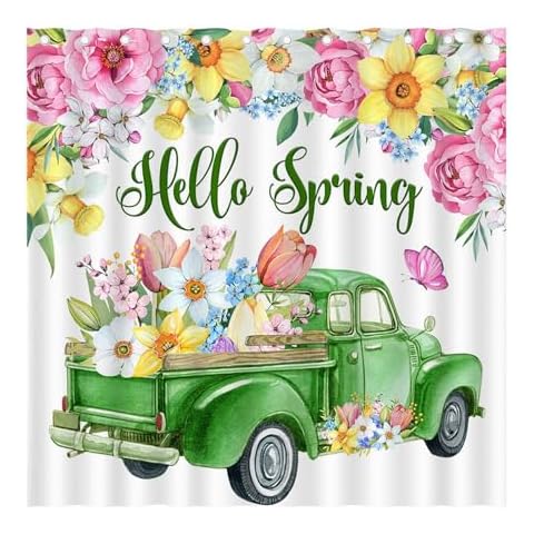 LEITINGYA Hello Spring Green Truck Shower Curtain, Watercolor Colorful Floral Flower Farmhouse Bath Bathtub Decorations Decor, Waterproof Durable Fabric Machine Washable with 12 Hooks 72"x72" Cover
