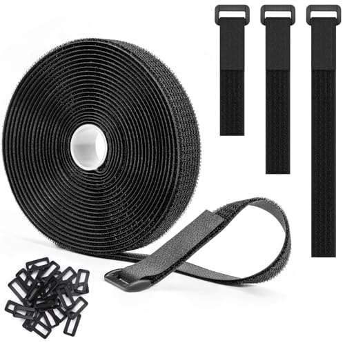 Trilancer Fascette Fermacavi Riutilizzabili 5m x 2.5cm con 25 Fibbie, Nero Cinghie e Nastro Adesivo a Strappo per Organizzare Cavi, Zaino, Tubi Flessibili, Nero