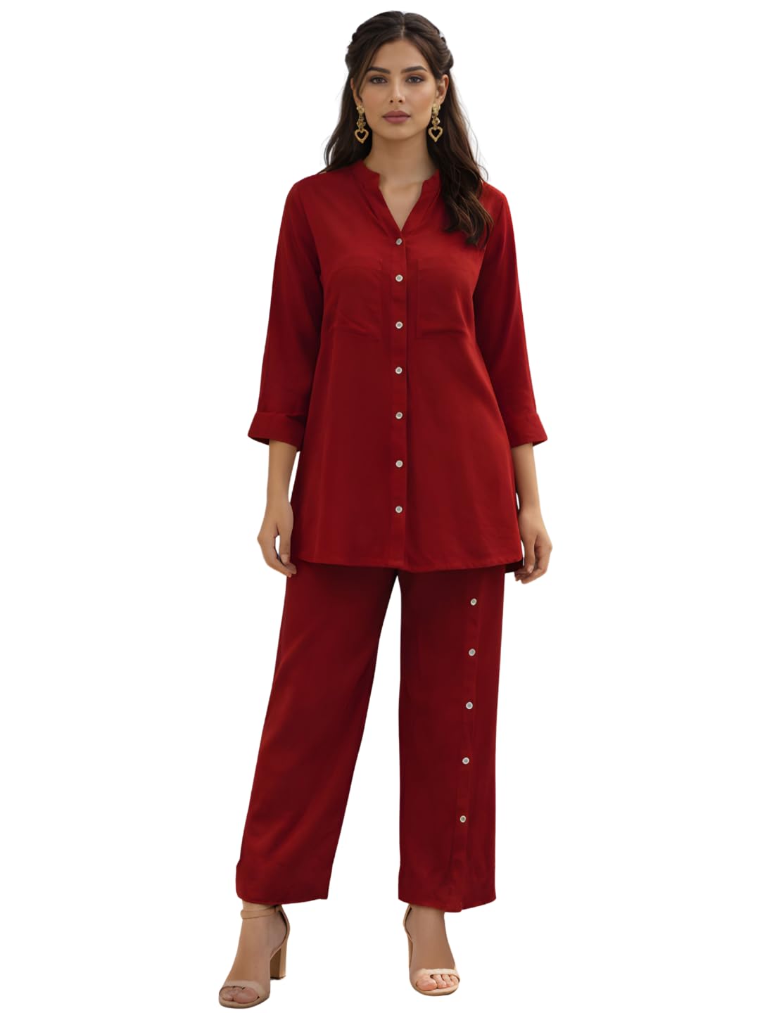 Women's Black Co-ord Set with Front Pockets & Button Detailing | Mandarin Collar 3/4 Sleeve Shirt Top with Trousers | Relaxed Co-ord for Office, Casual-image-40