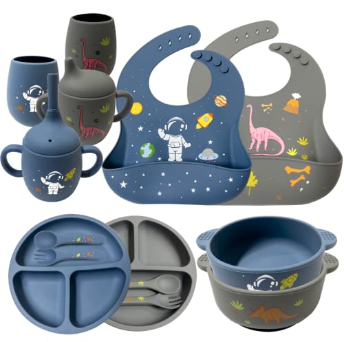 Image of Visucachi Baby Feeding Set With Plates, Utensils, Adjustable Bib, Suction Bowl, Divided Plate, Straw Cup, First Stage Spoon & Fork