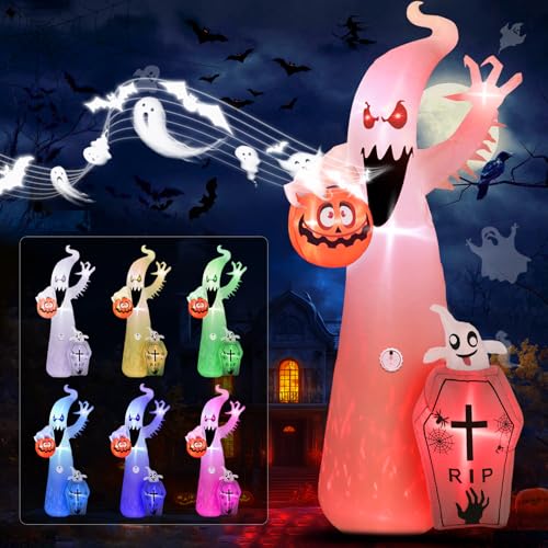 GlobaLink 3.6m/12FT Halloween Inflatable Outdoor Decoration with 7-Color RGB Light and Scary Sound, Halloween Blow Up Yard Ghost, IP44 Waterproof Inflatable Pumpkin Ghost with LED for Garden