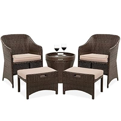 Best Choice Products 5-Piece Outdoor Patio Furniture Set, No Assembly Required Wicker Conversation Bistro & Storage Table for Backyard, Porch, Balcony w/Space-Saving Design - Brown/Beige