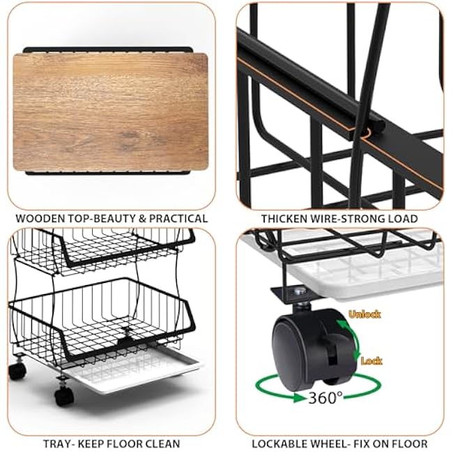 Rolling Kitchen Cart with Wood Top - 4-Tier Wire Basket Organizer for Fruits, Vegetables, Pantry Storage - Stackable, Mobile Cart with Wheels for Kitchen, Home, Office-rjVIc9sA