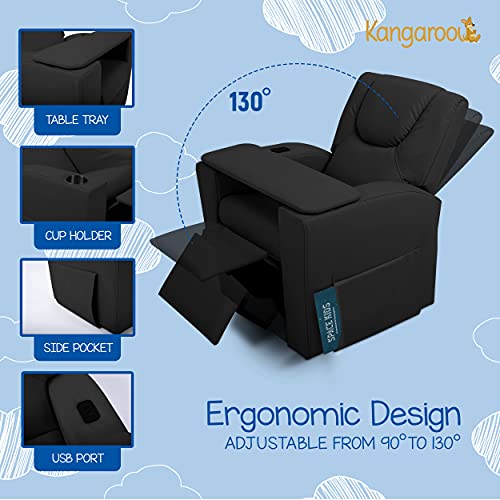 Kangaroou Kids Recliner Chair With Cup Holder | Toddler Recliner Chair With Side Pockets, Table Tray, And Usb Port | Baby Recliner Chair For Toddler For Gaming | Child Recliner With Footrest | Black #TOP2