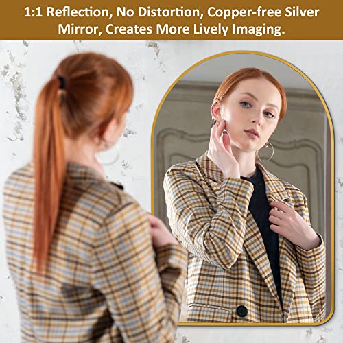 Image of PexFix Arched Wall Mirror 36 inchx24 inch Large Bedroom Mirror with Aluminum Alloy Thin Frame,Arch Top Rounded Corner,Gold