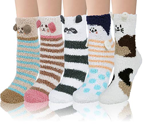 5 Pairs Womens Fuzzy Socks Winter Warm Cozy Soft Fluffy Cute Animal Slipper Socks, Mix Color 11(5 Pairs)