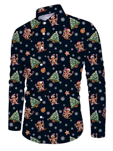 ALISISTER Camisa de Navidad Funky de Manga Larga con Estampado 3D de Hombre de Jengibre Camisa de Botón Divertida Camisas de Vacaciones para Fiesta de Otoño Invierno L