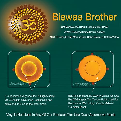 Image of BISWAS BROTHER OM Mandala Wall Back LED Light Wall Decor A well-designed Home Should A Story:18X18 Medium,Size Color: Brown & Golden Yellow,White & Golden Yellow (BROWN, 18x18 inch)