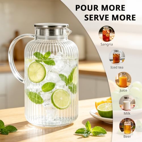 Image of Bivvclaz 3 Liter 101 oz Stripes Glass Pitcher with Lid and Handle