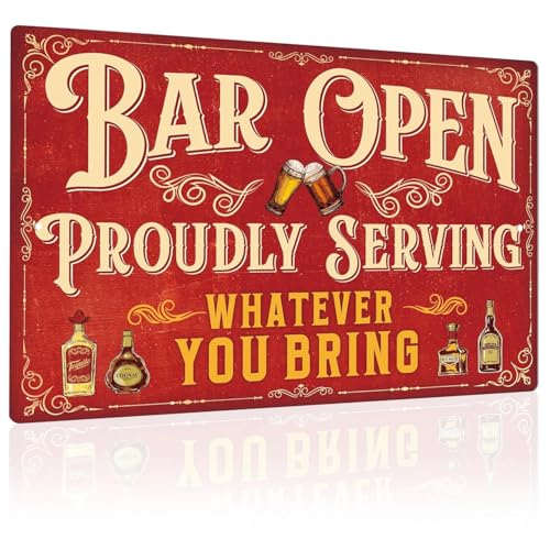 Bar Open Bar Sign Proudly Serving Whatever You Bring Metal Tin Sign Funny Bar Accessories for Home Pub Man Cave Outdoor Garden 12x8 Inches