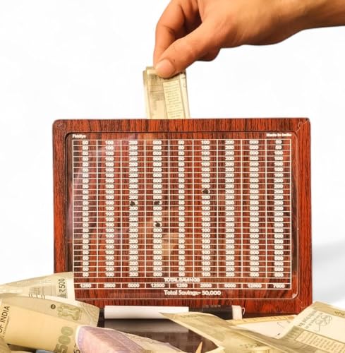 Image of Fiddlys Money /Piggy Bank, Money Coin Box for Kids 2 3 4 Years /Children, Savings Challenge Box, Cashbox, Cash Vault Wooden Savings Box,Wooden Coin Piggy Bank (Rs. 50,000),Educational Gift for Kids