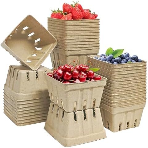 30 Pcs Natural Pulp Fiber Berry Basket Small Vented Berry Picking Basket Small Container Holder for Fruits Vegetable Farmer Market Grocery (30) Cover