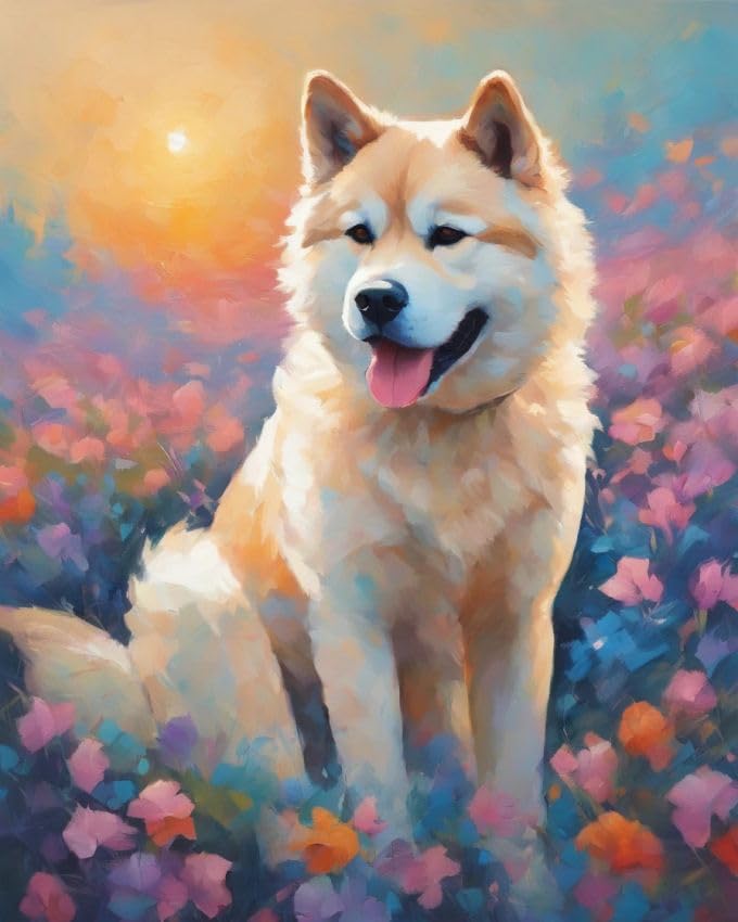 ZMHZMY Peinture Par Numéros Pour Adultes Kits Chien Akita parmi les fleurs Classique RéTro Bureau HôTel Simplicité Toile Art DéCo,40x50cm