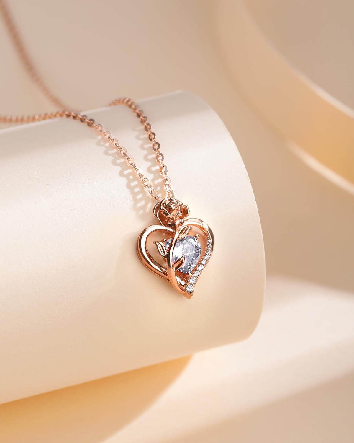 Heart Birthstone Rose Necklace for Women: Genuine 925 Sterling Silver Rose Gold Pendant Dainty Necklace Gold Jewelry Valentines Christmas Anniversary Birthday Gifts for Wife Mom Daughter - Image 3